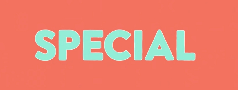 The word 'special' is displayed in baby blue in capital letters in the center of the image. the background colour is salmon. 